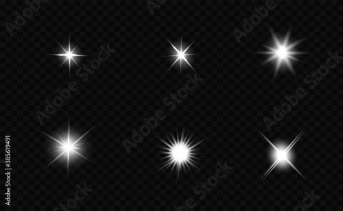 Glow isolated white transparent light effect set, lens flare, explosion, glitter, line, sun flash, spark and stars. Abstract special effect element design.