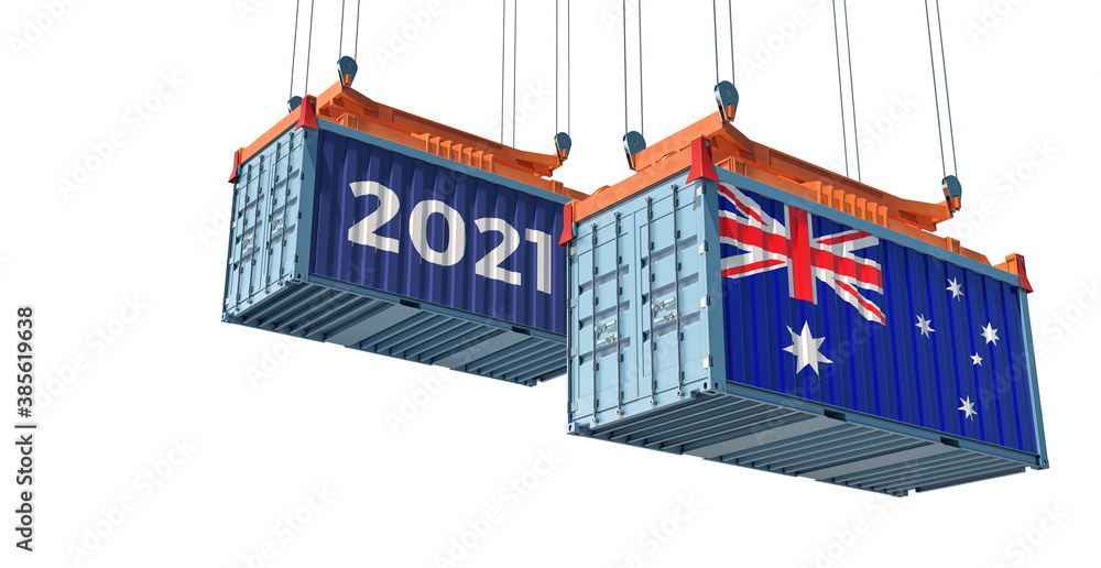 Trading 2021. Freight container with Australia flag. 3D Rendering 