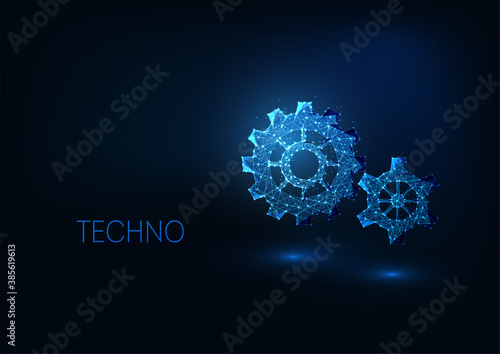 Futuristic digital technologies concept with glowing low polygonal gears on dark blue background.
