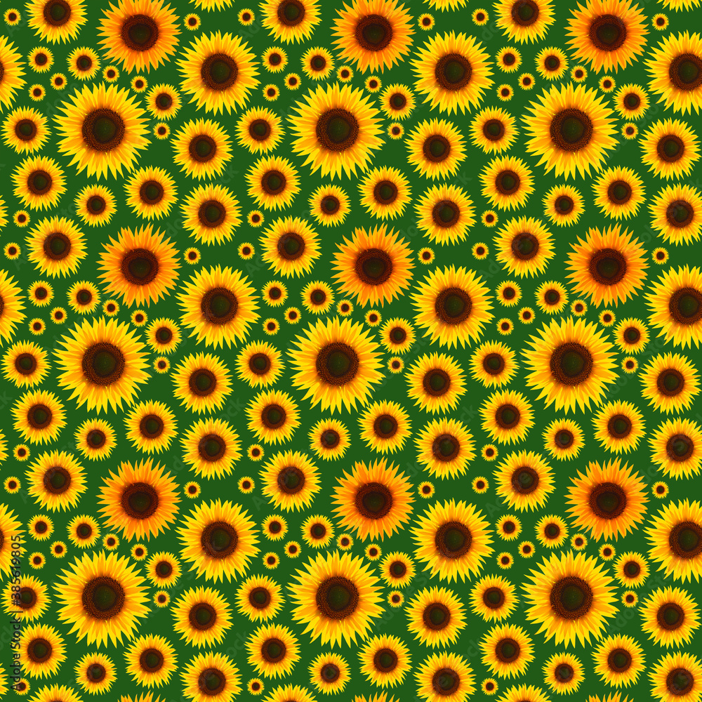A lot of isolated baskets of sunflowers on a green background, form an endless seamless texture. A lot of isolated baskets of sunflowers on a green background, form an endless seamless texture.