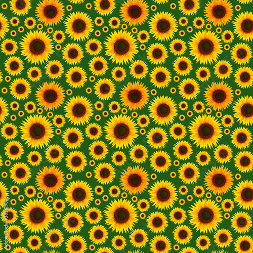 A lot of isolated baskets of sunflowers on a green background  form an endless seamless texture.