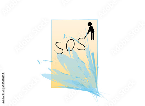 Silhouette of man draws word SOS on sand, vector illustration