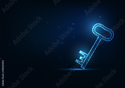Futuristic glowing low polygonal door key isolated on dark blue background.