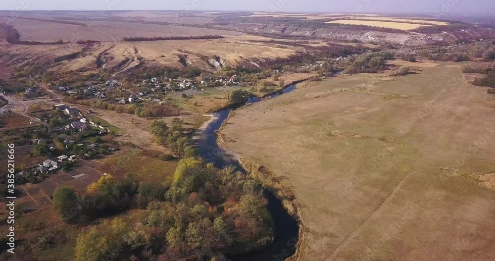 Drone flies over the fields and river Drone flies over the fields and river