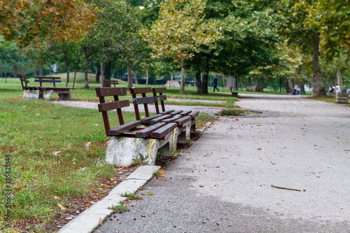 Empty Benches in Public Park in Autumn