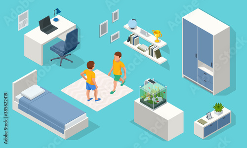 Isometirc interior elements for modern teenager room interior with comfortable bed. Idea for interior decor. Interior of modern study room for teenager