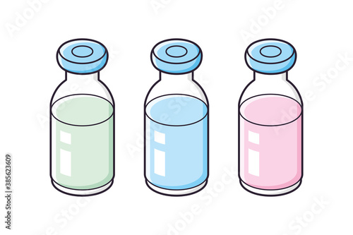 Three medical vaccine vial bottles isolated vector set, different colors testing, COVID-19 coronavirus or flu virus infection epidemic vaccination.