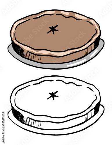 Doodles of pie on a plate. Hand drawn vector illustration. Realistic vintage sketch of food. Set of black contour and color elements isolated on white. For design, decor, print, card, sticker, poster.