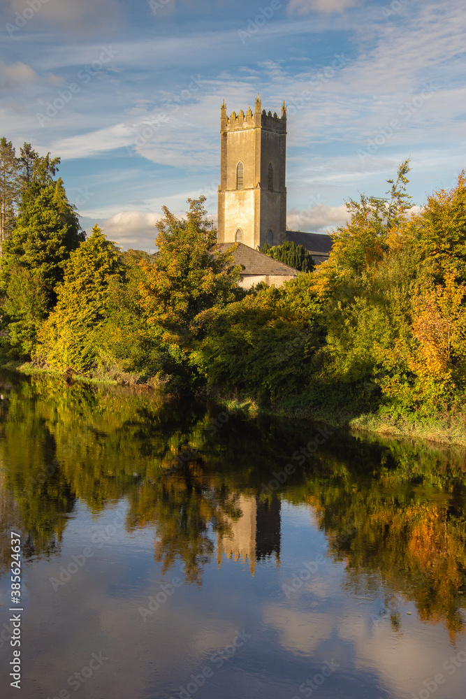 Church reflection in the River Barrow, Co. Kildare, Ireland