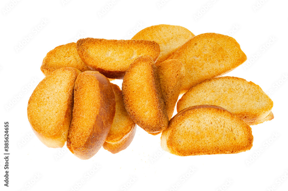 Crackers made of wheat bread on white background.