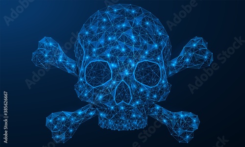 Skull and crossbones. Danger warning sign. Low-poly construction of concatenated lines and dots. Blue background.