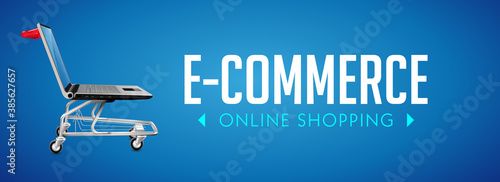 Online shop concept - PC computer as shopping cart  