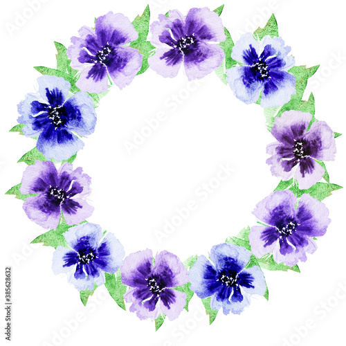 Watercolor flowers wreath of blue and purple pansies. Delicate and tender frame detail for any printing products  such as greeting or invitation cards    
