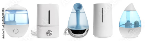 Set of modern air humidifiers on white background photo