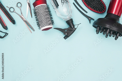 professional items for hairdressing, haircuts on a blue background, layout
