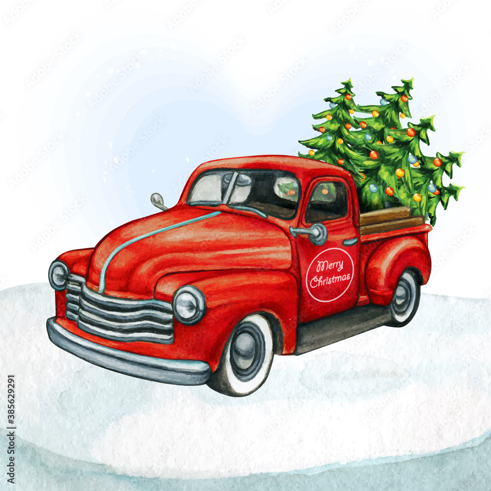 Watercolor red pickup vintage truck  with christmas trees
