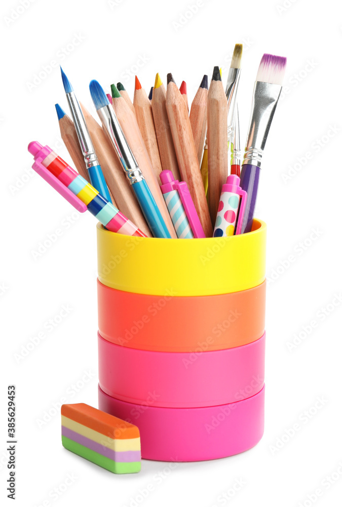 Set of colorful school stationery on white background Set of colorful school stationery on white background
