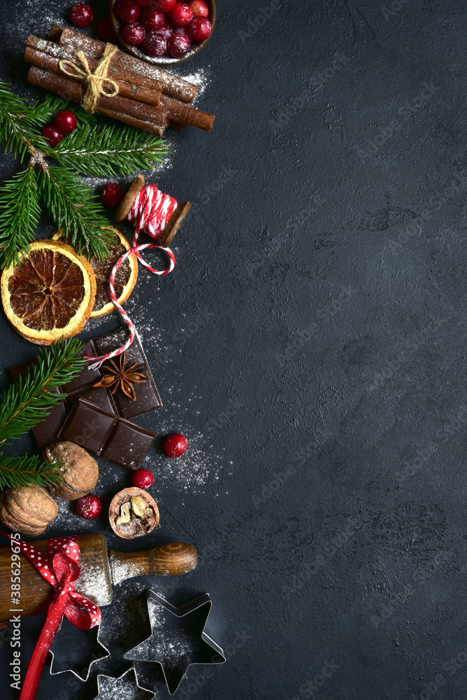 Christmas baking background with ingredients for making cake or biscuit. Top view with copy space. Christmas baking background with ingredients for making cake or biscuit. Top view with copy space.