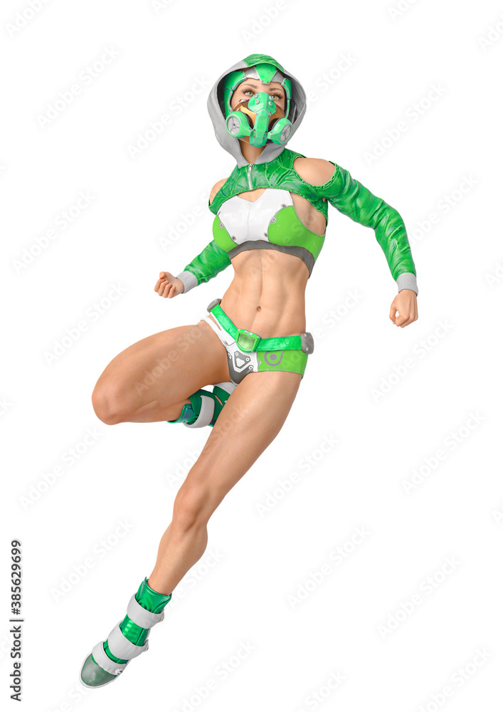 muscular woman in a cyberpunk suit in comic action pose muscular woman in a cyberpunk suit in comic action pose