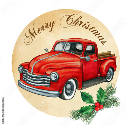 Watercolor red pickup vintage truck on aged background