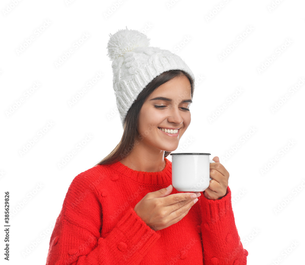 Happy beautiful woman with mug of mulled wine on white background Happy beautiful woman with mug of mulled wine on white background