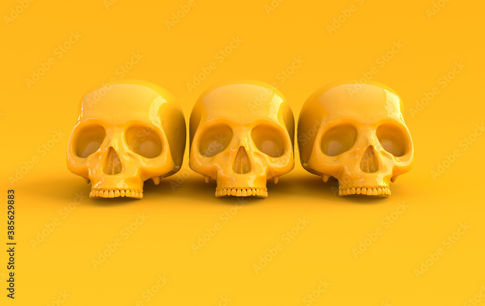 Human scull 3d rendering. Yellow death's-head on yellow background. Scary halloween dead skeleton head symbol Human scull 3d rendering. Yellow death's-head on yellow background. Scary halloween dead skeleton head symbol