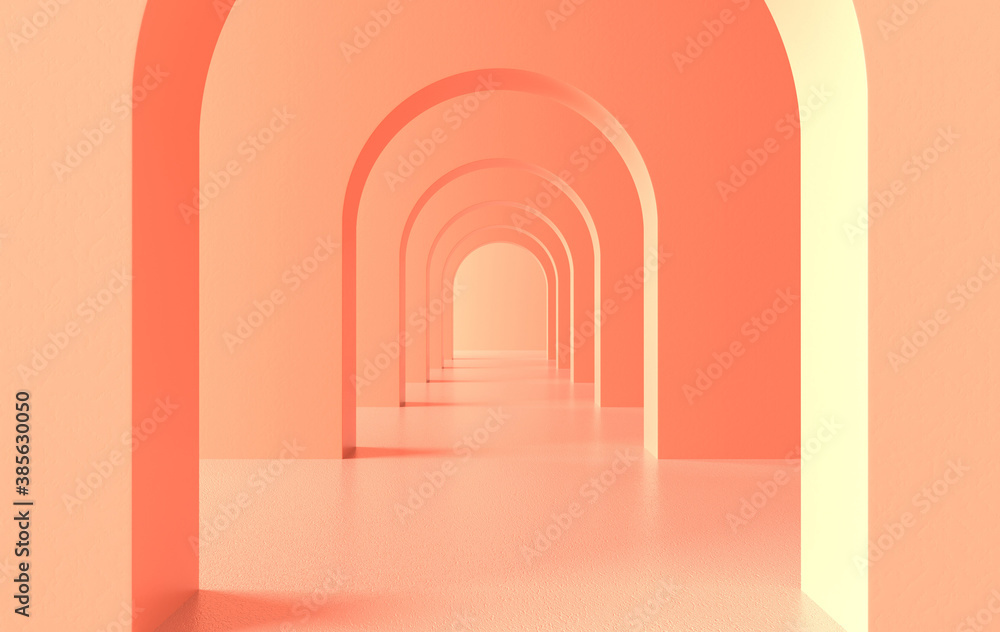 Fototapeta premium 3d rendering. Arch hallway simple geometric background, architectural corridor, portal, arch columns inside empty wall. Modern minimal concept