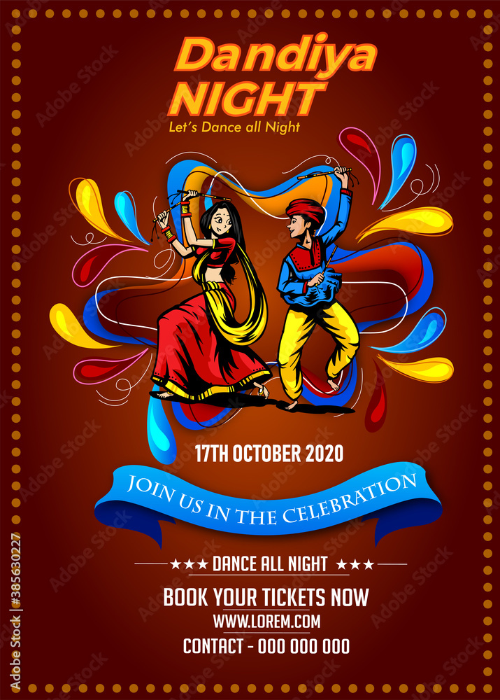 Illustration of couple playing Garba and Dandiya in Navratri Celebration and disco,  Gujarati Garba Night poster for Navratri Dussehra festival of India 