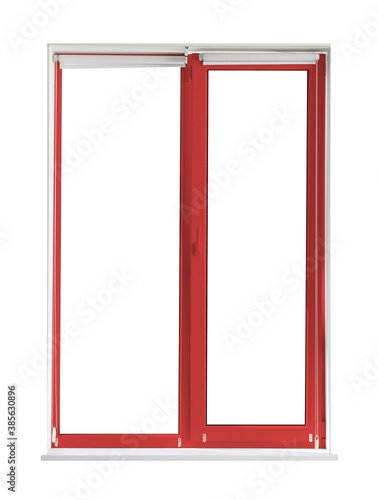 Modern plastic window with red frame on white background