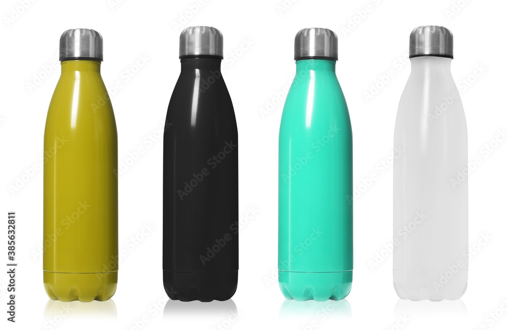 Set of modern thermos bottles in different colors on white background Set of modern thermos bottles in different colors on white background