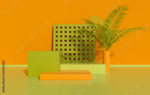 Fototapeta Naklejka Na Ścianę i Meble -  3d rendered studio with geometric shapes, podium on the floor. Platforms for product presentation, mock up background. Abstract composition in minimal design, tropic palm leaves shadow
