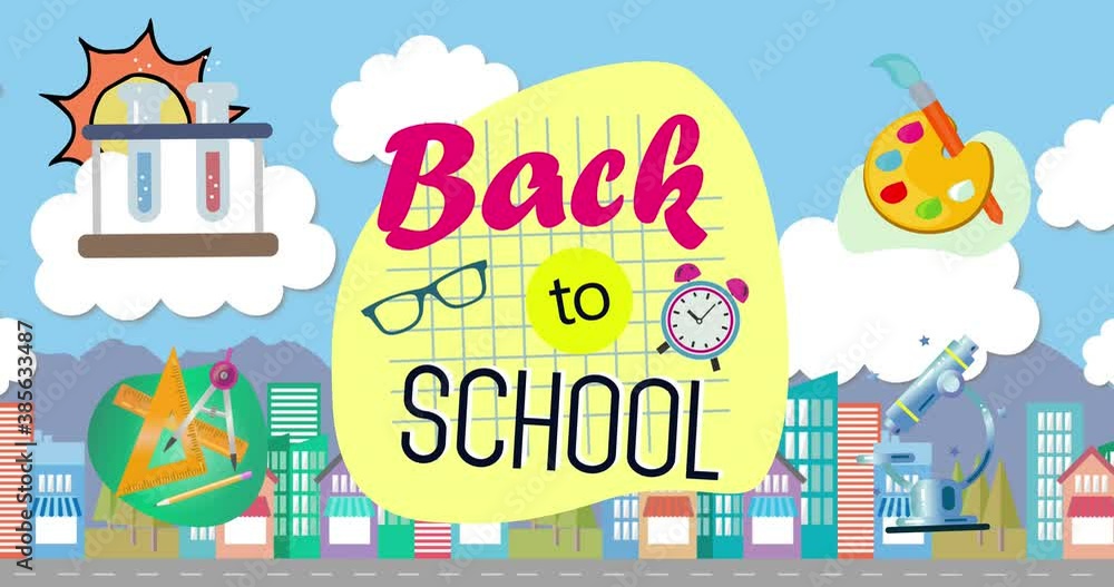 Back To School text and multiple school concept icons against cityscape Back To School text and multiple school concept icons against cityscape
