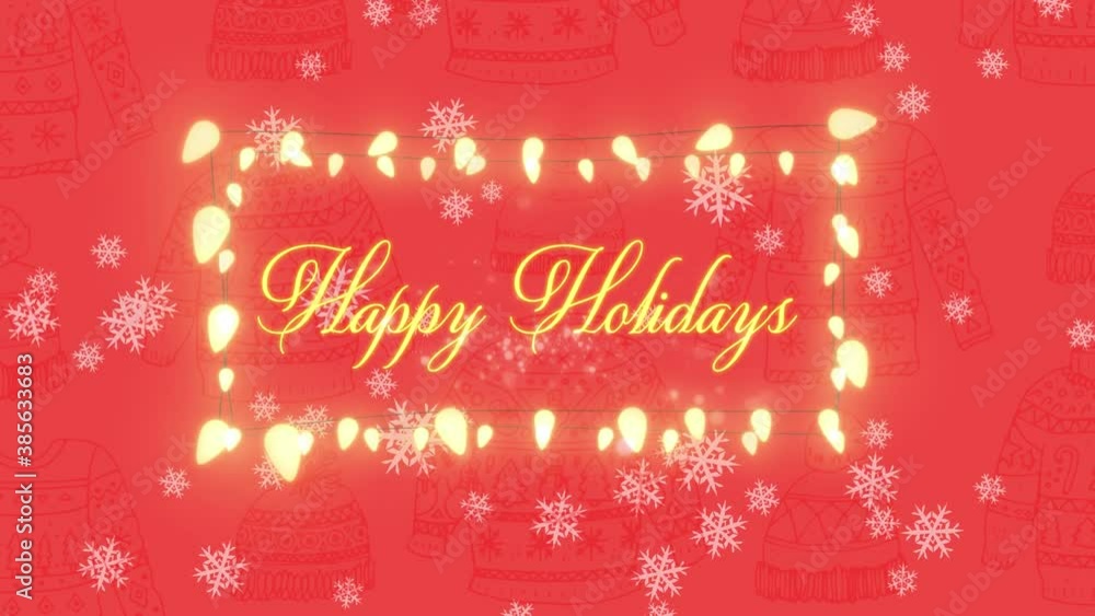Snowflakes falling over Happy Holidays text and fairy lights on red background Snowflakes falling over Happy Holidays text and fairy lights on red background