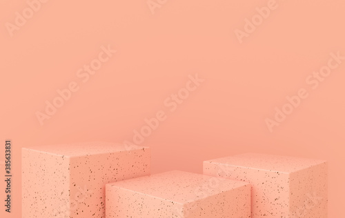 3d rendered studio with geometric shapes, podium on the floor. Platforms for product presentation, mock up background. Abstract composition in minimal design, pastel colors, marble © Meranna