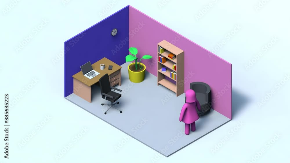 Iconos de hombre y mujer en home office. Ilustración 3D, low poly animación 3D. Espacio de trabajo en casa. Iconos de hombre y mujer en home office. Ilustración 3D, low poly animación 3D. Espacio de trabajo en casa.