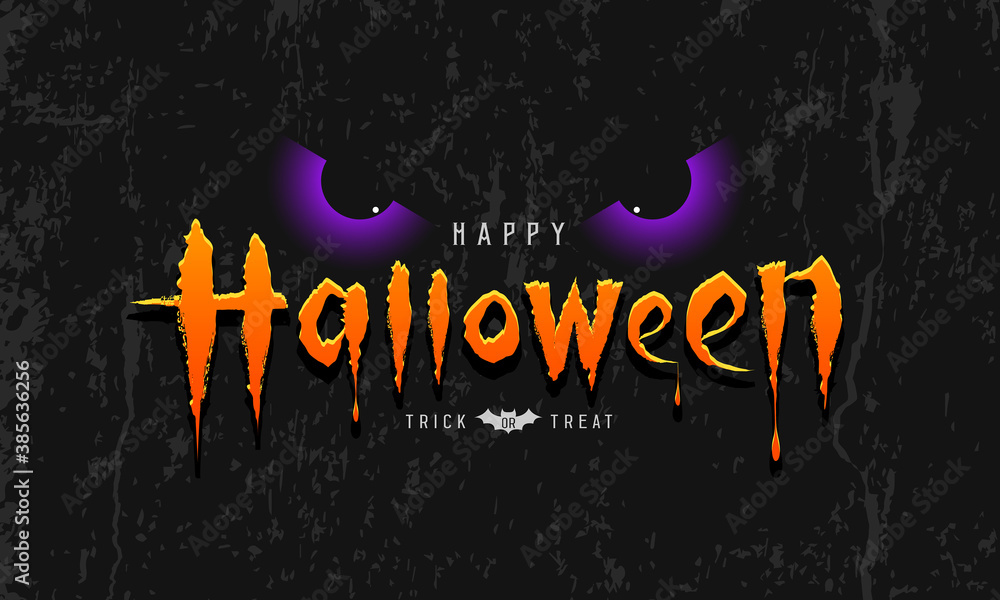 Happy Halloween orange message with purple spooky eye on rough surface grange black background, Eps 10 vector illustration