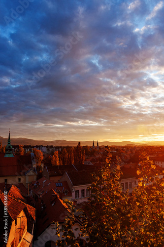 Last minute of sunny sunset over the old European city 
