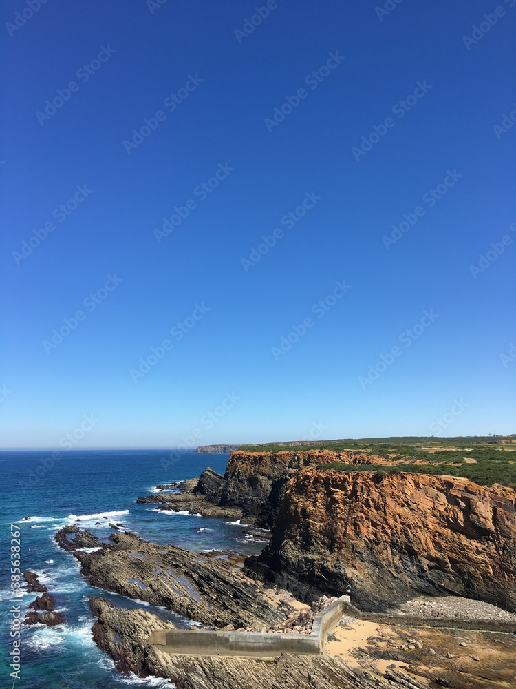 A rocky coast view in the coastal Alentejo in Portugal near the Atlantic Ocean