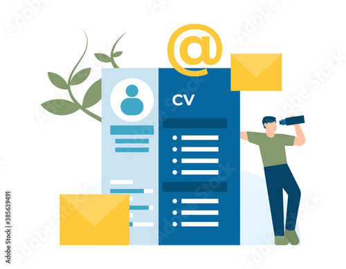 illustration of a CV or Curriculum vitae, send resumes by email message, man using binoculars or telescope. the concept of recruitment, job vacancies, CV creation services. flat style. element design