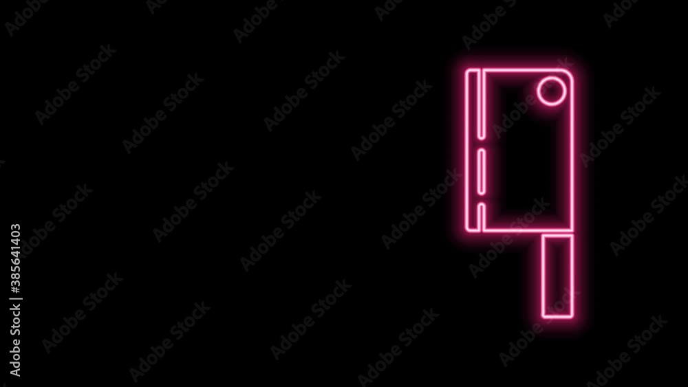 Glowing neon line Meat chopper icon isolated on black background. Kitchen knife for meat. Butcher knife. Happy Halloween party. 4K Video motion graphic animation Glowing neon line Meat chopper icon isolated on black background. Kitchen knife for meat. Butcher knife. Happy Halloween party. 4K Video motion graphic animation