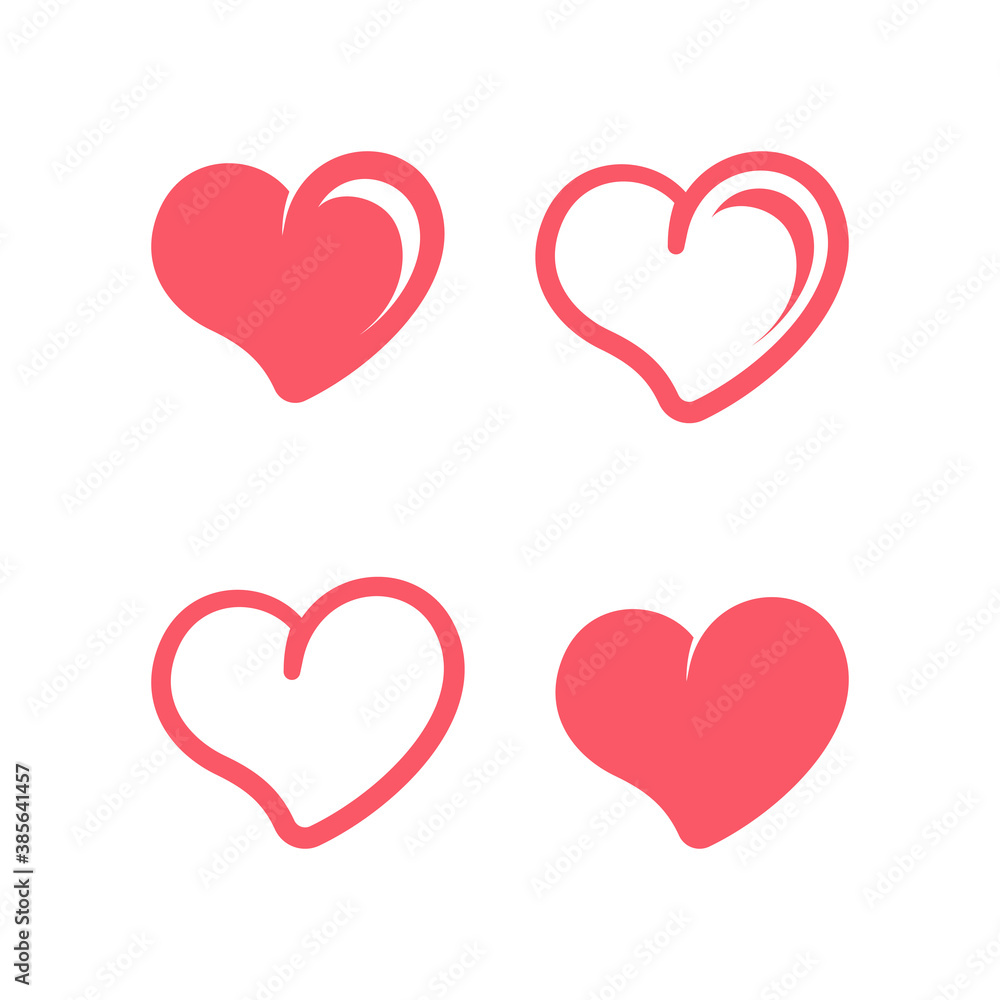 Simple cute red heart outline, with and without highlight leaning sideways icon set. Flat vector illustration design.