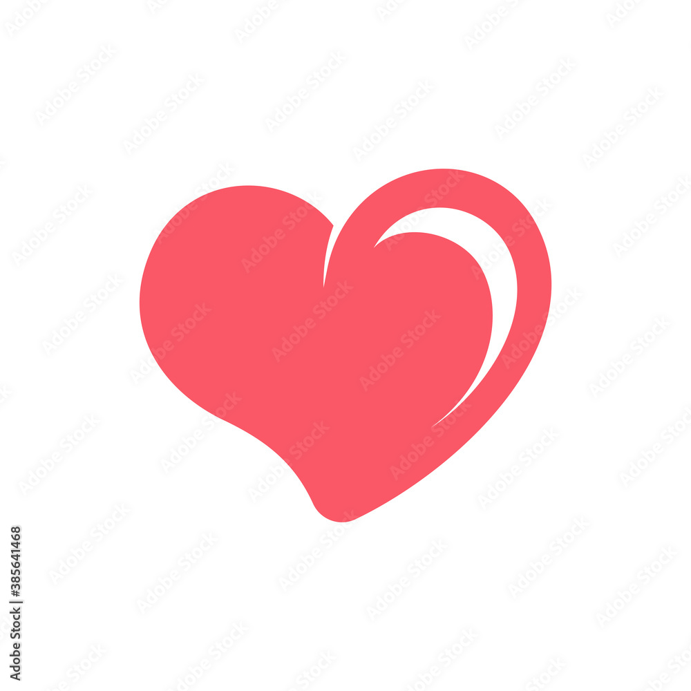 Simple cute red heart with highlight leaning sideways icon. Flat vector illustration design.