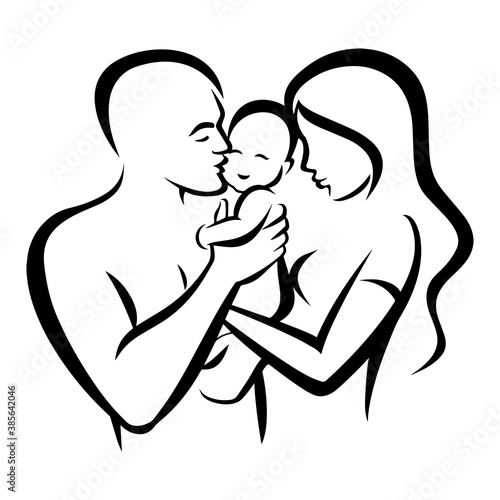 Drawing of young happy mom and dad holding their baby together full of warmth love. Happy family concept. Family day icon isolated on white background. Vector illustration