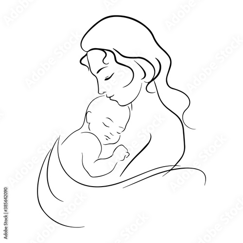 Mother with a child. Line art icon, logo, sign. Family, fatherhood happy mothers. Mothers Day. Icon isolated on white background. Vector illustration