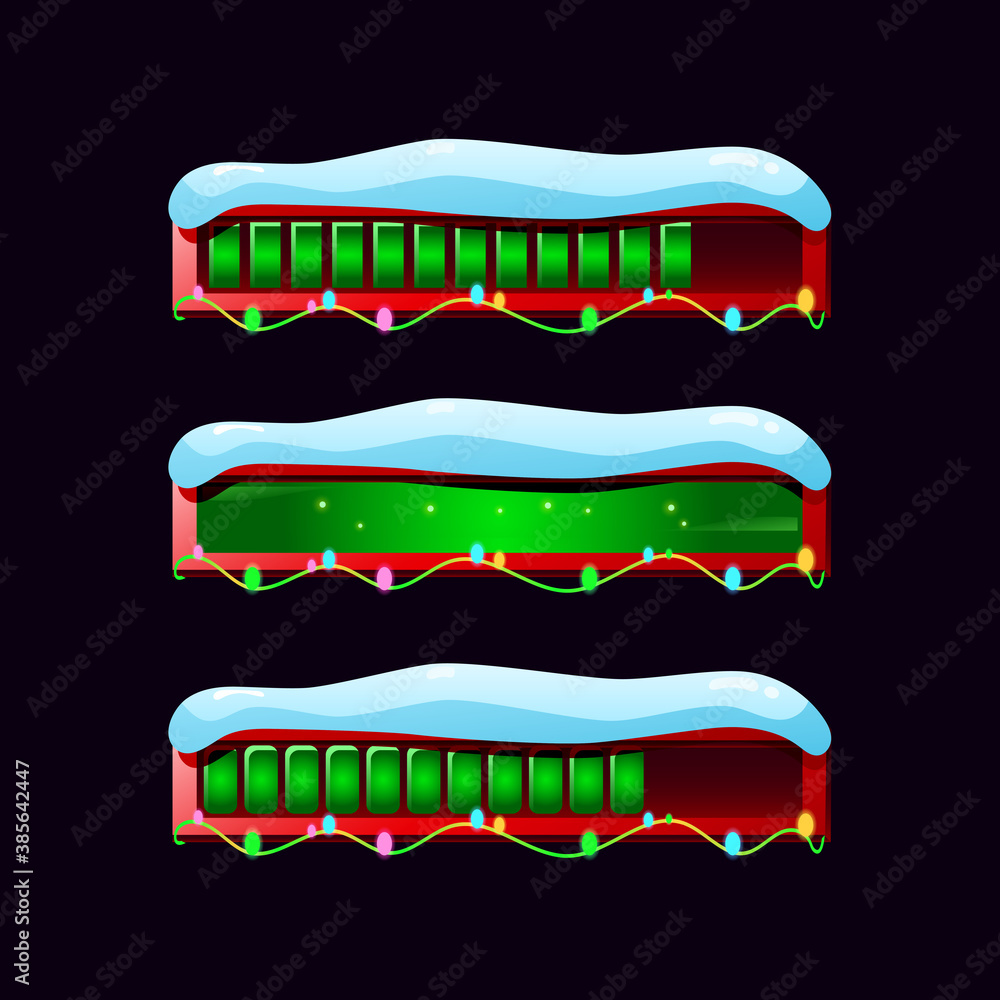 Set of glossy loading progress bar with snowy Christmas theme for gui asset elements vector illustration Set of glossy loading progress bar with snowy Christmas theme for gui asset elements vector illustration