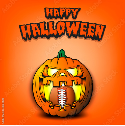Happy Halloween. Football ball inside frightening pumpkin. The pumpkin swallowed the ball with burning eyes. Design template for banner, poster, greeting card, party invitation. Vector illustration