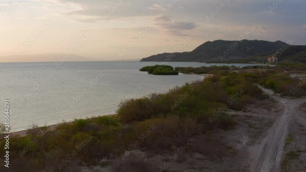 Aerial view over bushes and sand, on the coastof Mangla, warm, sunny evening, in Sabana Buey, Dominican republic, Caribbean America - tracking, drone shot Aerial view over bushes and sand, on the coastof Mangla, warm, sunny evening, in Sabana Buey, Dominican republic, Caribbean America - tracking, drone shot
