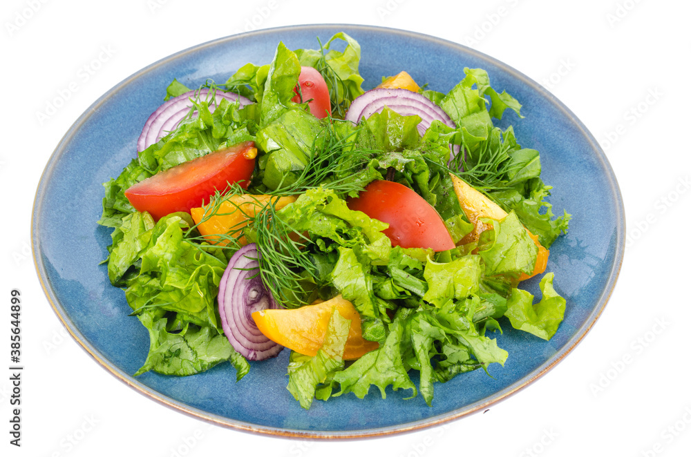 Vegetable dishes, fitness menu. Blue plate with salad on white background. Vegetable dishes, fitness menu. Blue plate with salad on white background.