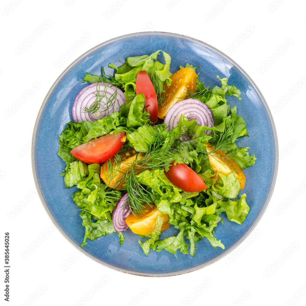 Vegetable dishes, fitness menu. Blue plate with salad on white background. Vegetable dishes, fitness menu. Blue plate with salad on white background.