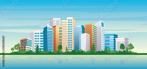Seaside Cityscape view with modern architecture sea and city park. Urban cityscape panoramic landscape vector illustration

